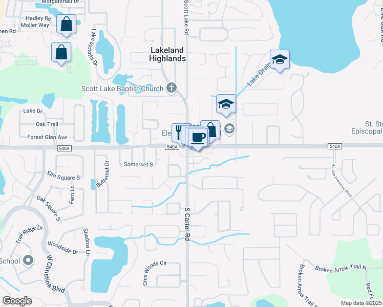 map of restaurants, bars, coffee shops, grocery stores, and more near 961 East County Road 540A in Lakeland