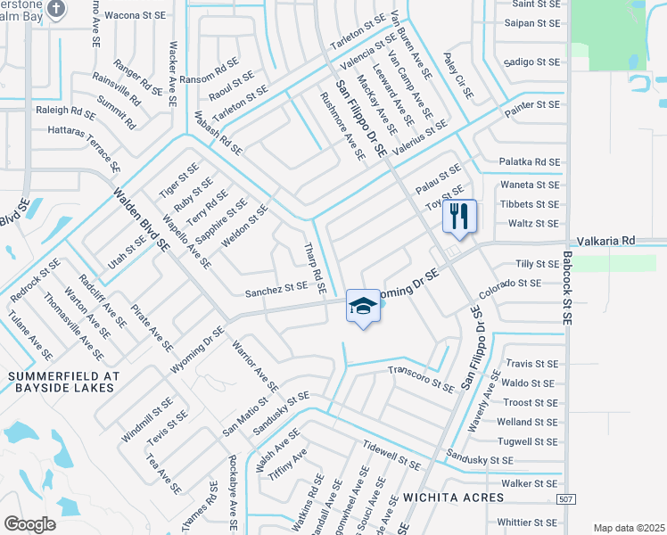 map of restaurants, bars, coffee shops, grocery stores, and more near 1750 Tradewinds Avenue Southeast in Palm Bay