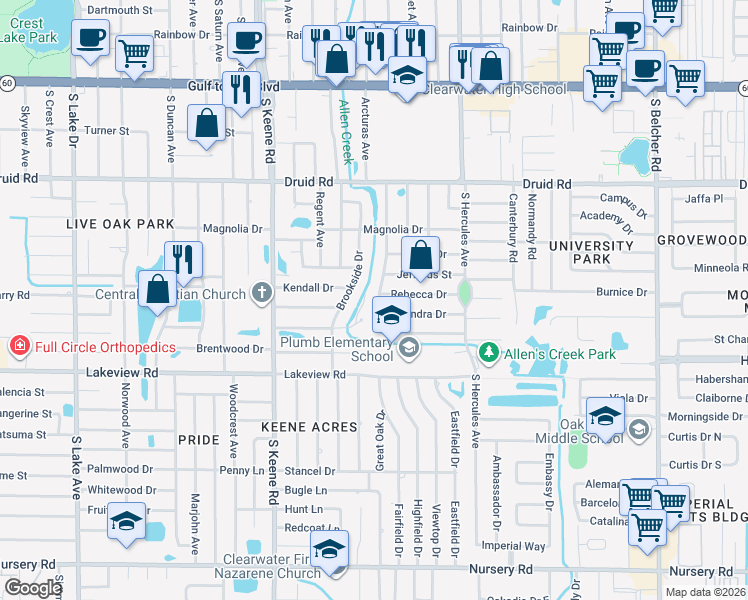 map of restaurants, bars, coffee shops, grocery stores, and more near 1224 Wellington Drive in Clearwater
