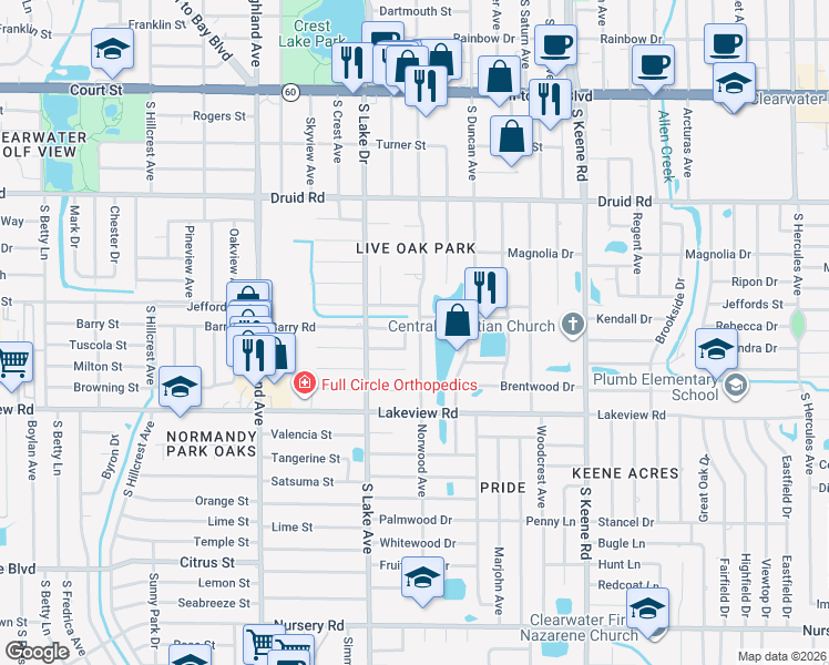 map of restaurants, bars, coffee shops, grocery stores, and more near 1182 Norwood Avenue in Clearwater
