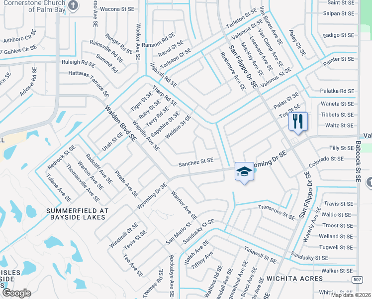 map of restaurants, bars, coffee shops, grocery stores, and more near 1295 Sykes Road Southeast in Palm Bay