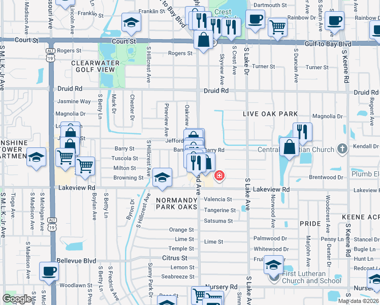map of restaurants, bars, coffee shops, grocery stores, and more near 1481 Barry Street in Clearwater