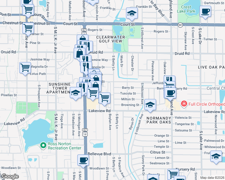 map of restaurants, bars, coffee shops, grocery stores, and more near 333 South Betty Lane in Clearwater