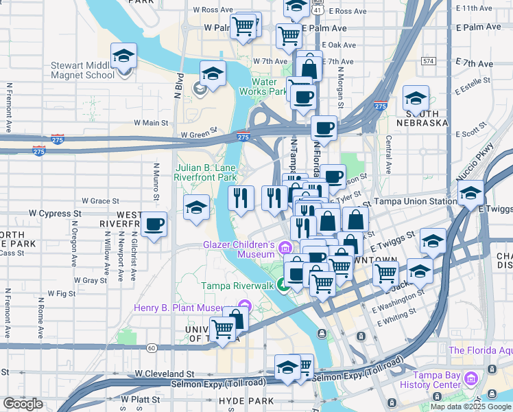 map of restaurants, bars, coffee shops, grocery stores, and more near West Fortune Street in Tampa
