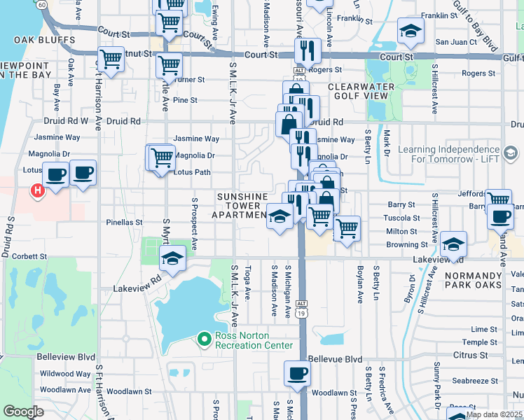 map of restaurants, bars, coffee shops, grocery stores, and more near 1247 South Martin Luther King Junior Avenue in Clearwater