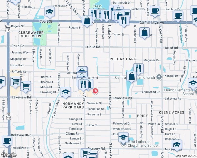 map of restaurants, bars, coffee shops, grocery stores, and more near 1551 Barry Road in Clearwater