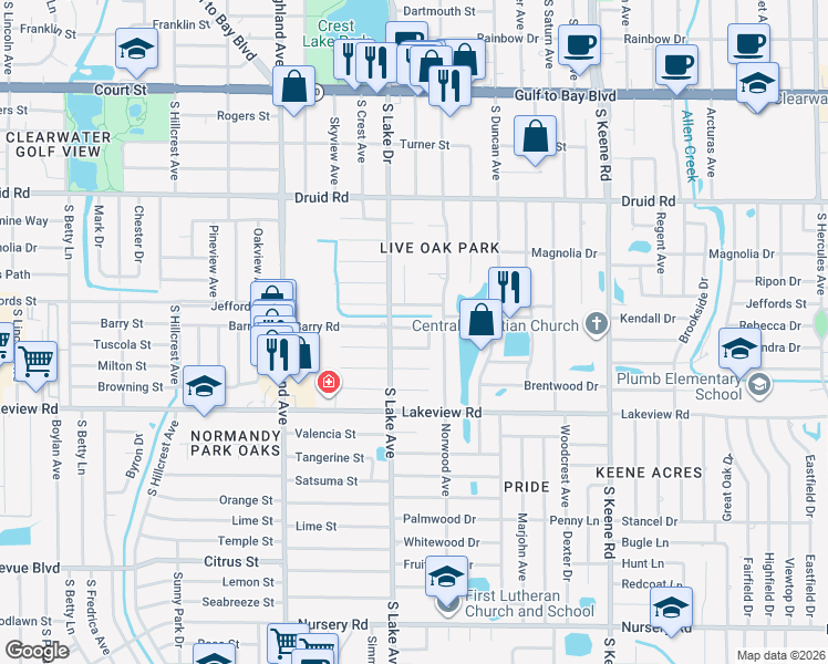 map of restaurants, bars, coffee shops, grocery stores, and more near 1619 Barry Street in Clearwater