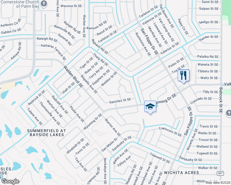 map of restaurants, bars, coffee shops, grocery stores, and more near 1295 Sykes Road Southeast in Palm Bay