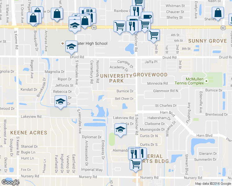 map of restaurants, bars, coffee shops, grocery stores, and more near 2131 Burnice Drive in Clearwater