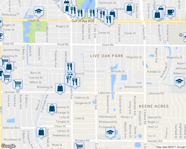 map of restaurants, bars, coffee shops, grocery stores, and more near 1581 Barry Street in Clearwater
