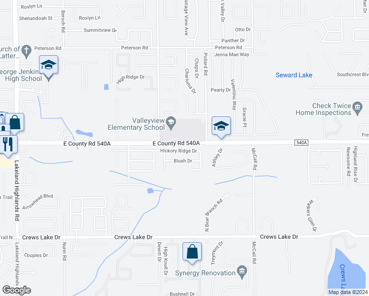 map of restaurants, bars, coffee shops, grocery stores, and more near 2830 Hickory Ridge Drive in Lakeland
