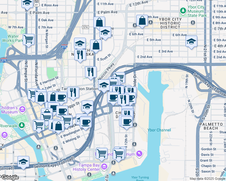 map of restaurants, bars, coffee shops, grocery stores, and more near 1104 East Twiggs Street in Tampa