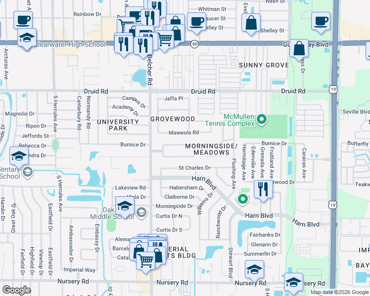 map of restaurants, bars, coffee shops, grocery stores, and more near 2269 Glenmoor Road South in Clearwater