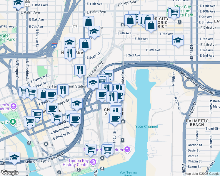 map of restaurants, bars, coffee shops, grocery stores, and more near 1120 East Twiggs Street in Tampa