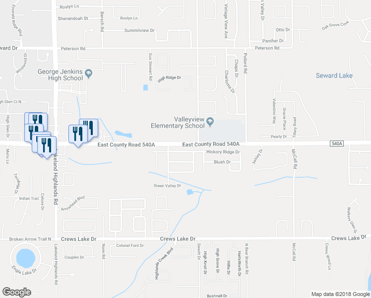 map of restaurants, bars, coffee shops, grocery stores, and more near 2718 Hickory Ridge Drive in Lakeland