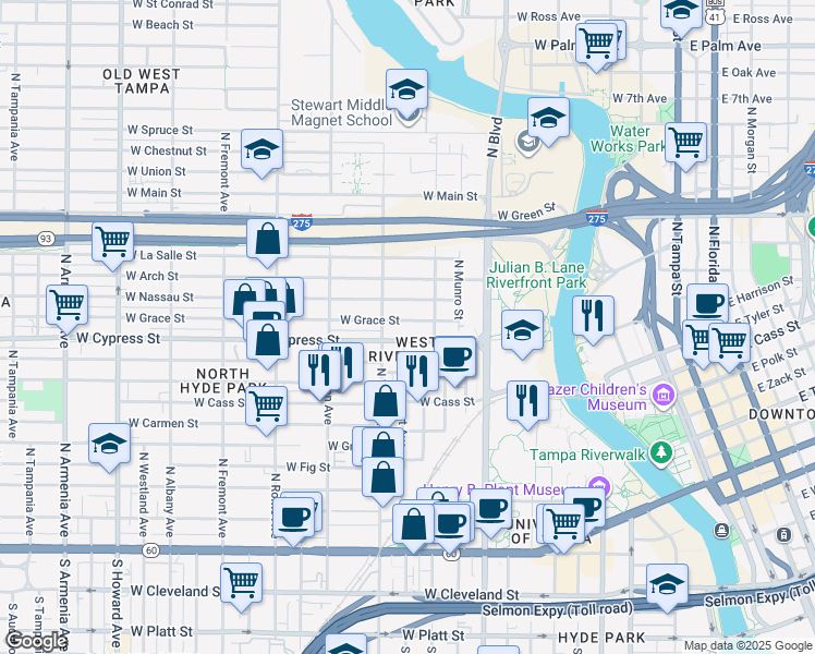 map of restaurants, bars, coffee shops, grocery stores, and more near 1114 West Grace Street in Tampa