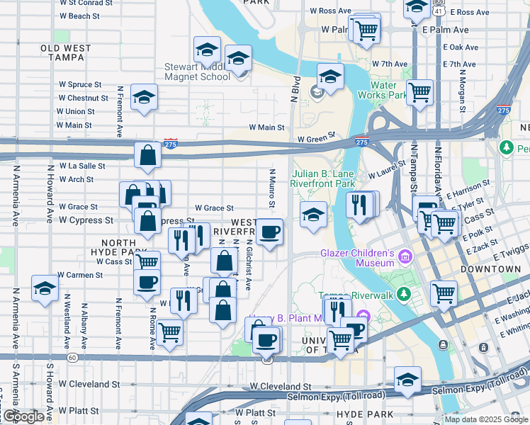 map of restaurants, bars, coffee shops, grocery stores, and more near 1008 W Grace St in Tampa