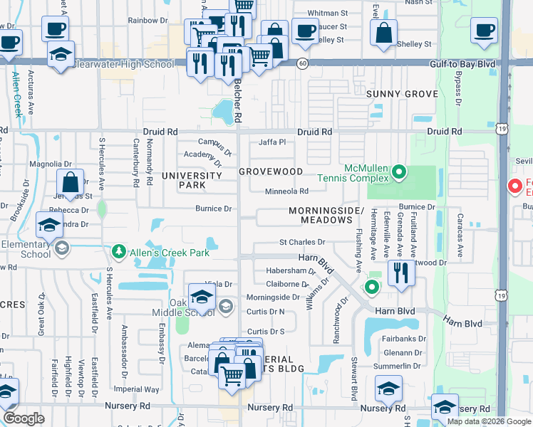 map of restaurants, bars, coffee shops, grocery stores, and more near 2239 Glenmoor Road North in Clearwater