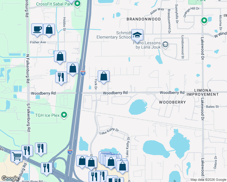 map of restaurants, bars, coffee shops, grocery stores, and more near 2303 Lincoln Ct in Brandon