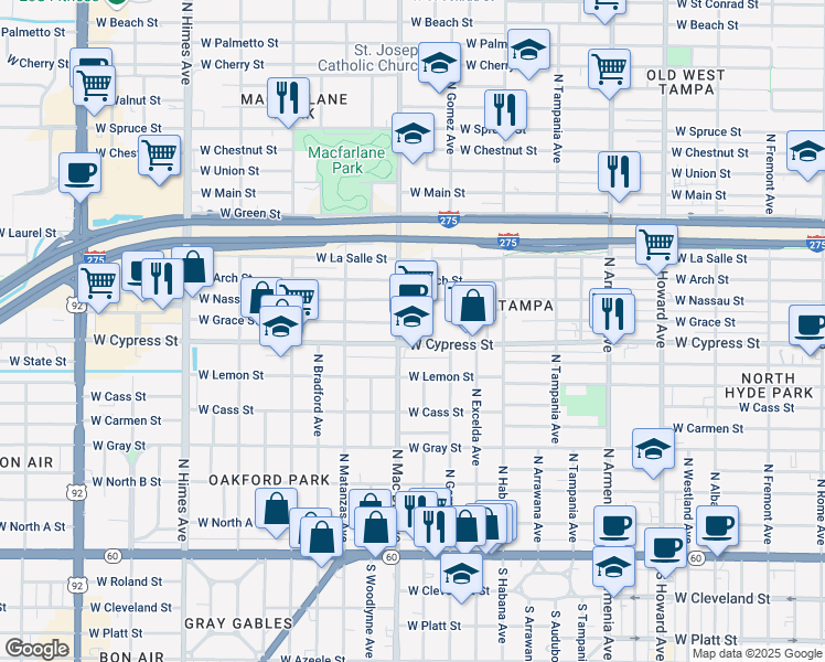 map of restaurants, bars, coffee shops, grocery stores, and more near 1001 North Macdill Avenue in Tampa