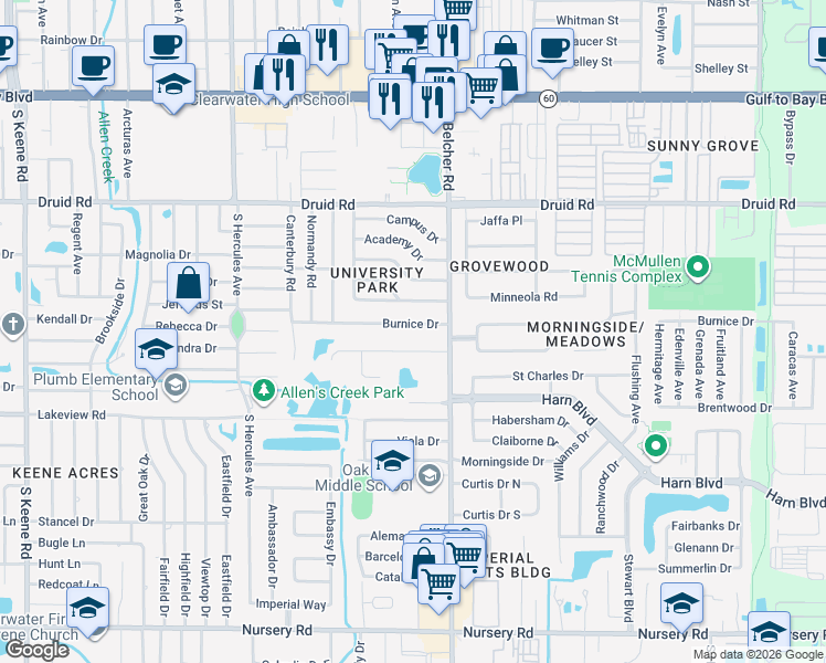 map of restaurants, bars, coffee shops, grocery stores, and more near 2167 Burnice Drive in Clearwater