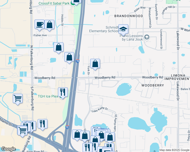 map of restaurants, bars, coffee shops, grocery stores, and more near 901 Winchester Court in Brandon