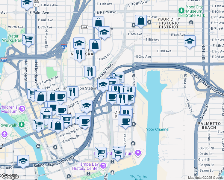map of restaurants, bars, coffee shops, grocery stores, and more near 1104 East Twiggs Street in Tampa