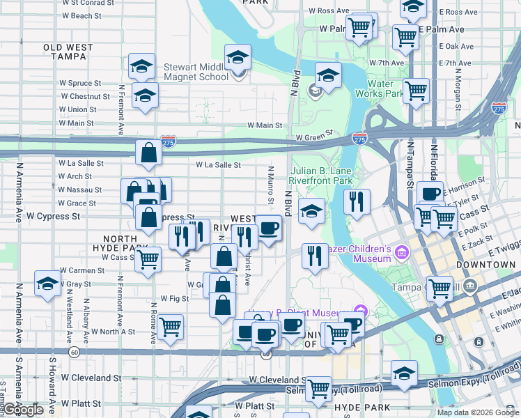 map of restaurants, bars, coffee shops, grocery stores, and more near 1008 West Grace Street in Tampa