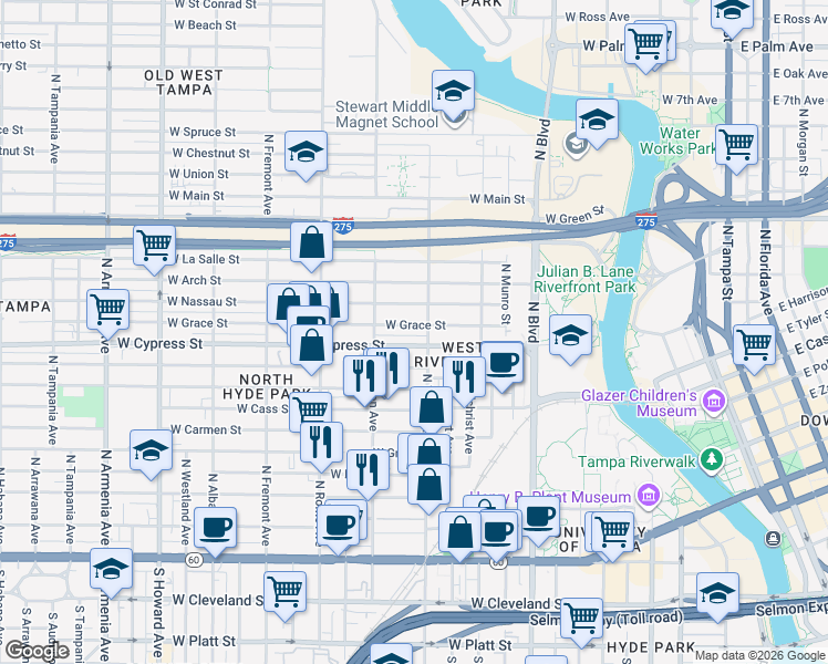 map of restaurants, bars, coffee shops, grocery stores, and more near 1304 West Grace Street in Tampa