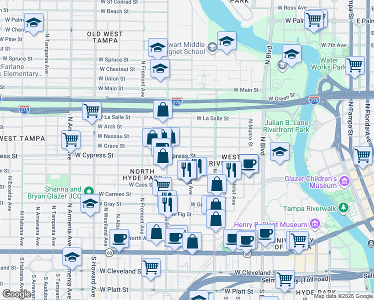 map of restaurants, bars, coffee shops, grocery stores, and more near 1324 West Grace Street in Tampa