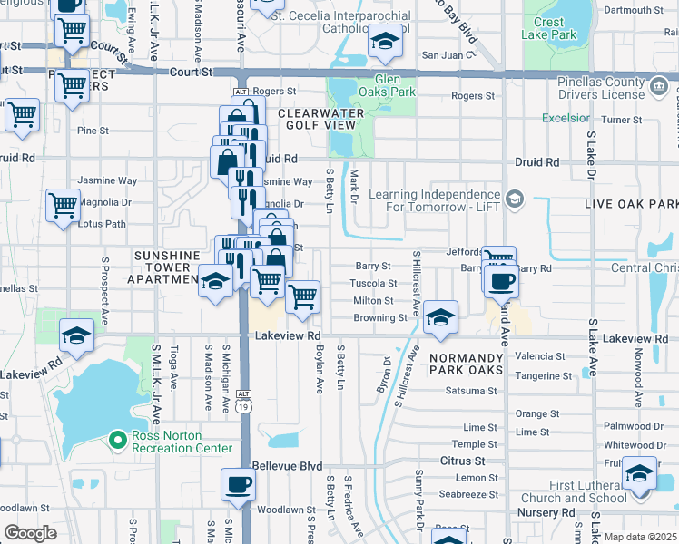 map of restaurants, bars, coffee shops, grocery stores, and more near 333 South Betty Lane in Clearwater