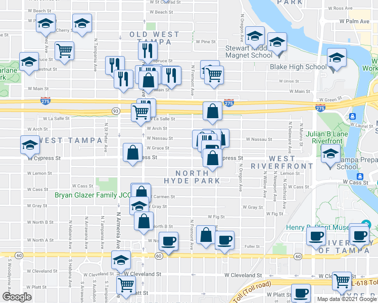 map of restaurants, bars, coffee shops, grocery stores, and more near 1006 North Fremont Avenue in Tampa