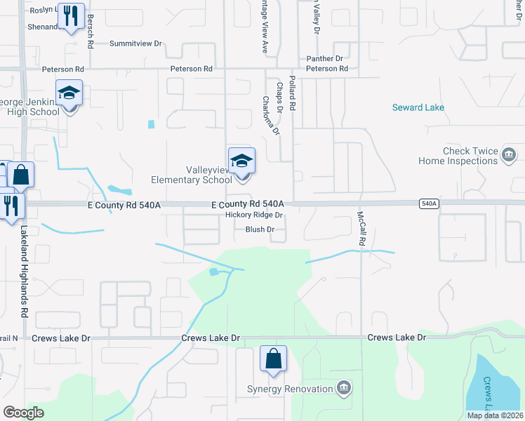 map of restaurants, bars, coffee shops, grocery stores, and more near 2830 Hickory Ridge Drive in Lakeland