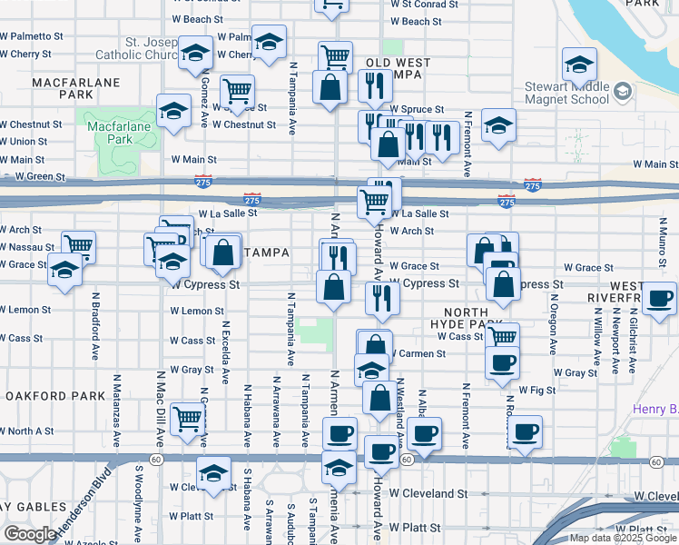 map of restaurants, bars, coffee shops, grocery stores, and more near 1007 North Armenia Avenue in Tampa