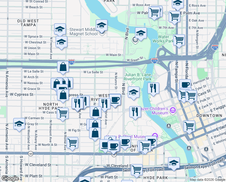 map of restaurants, bars, coffee shops, grocery stores, and more near 1008 West Grace Street in Tampa