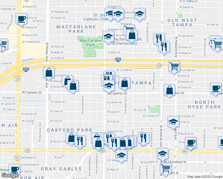 map of restaurants, bars, coffee shops, grocery stores, and more near in Tampa