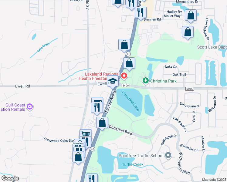 map of restaurants, bars, coffee shops, grocery stores, and more near in Lakeland
