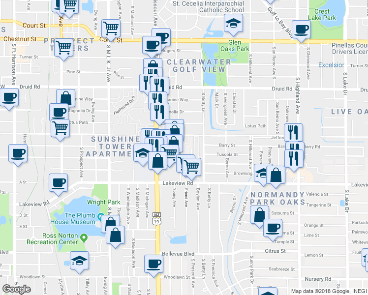 map of restaurants, bars, coffee shops, grocery stores, and more near 1227 South Lincoln Avenue in Clearwater