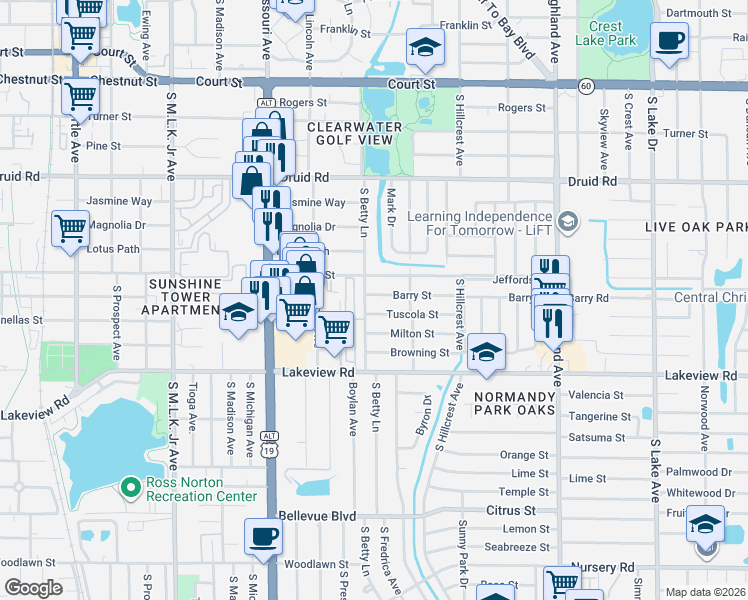 map of restaurants, bars, coffee shops, grocery stores, and more near 333 South Betty Lane in Clearwater