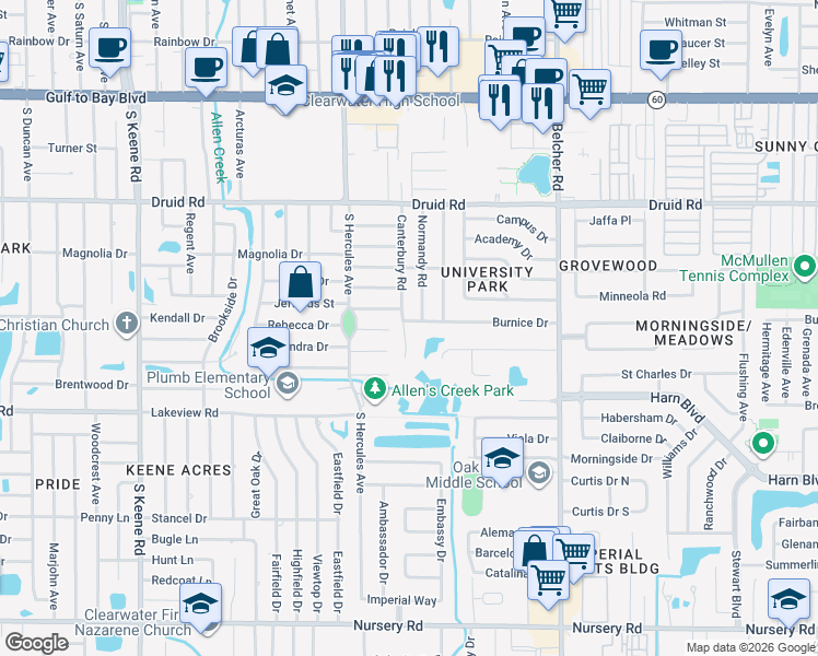 map of restaurants, bars, coffee shops, grocery stores, and more near 1209 Canterbury Road in Clearwater