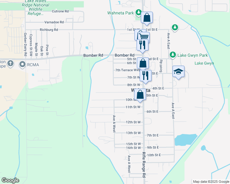 map of restaurants, bars, coffee shops, grocery stores, and more near 137 9th Street West in Wahneta