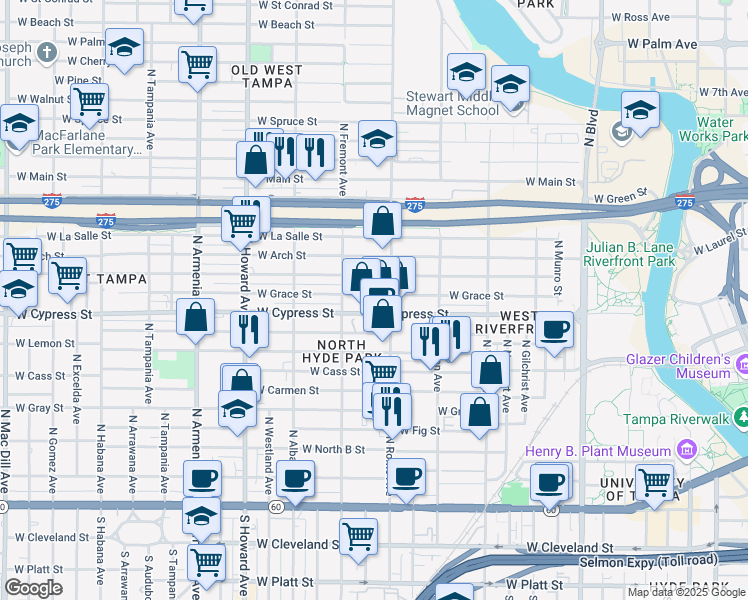 map of restaurants, bars, coffee shops, grocery stores, and more near 1708 West Grace Street in Tampa