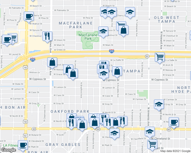 map of restaurants, bars, coffee shops, grocery stores, and more near 3108 West Grace Street in Tampa