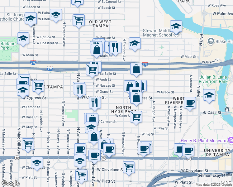map of restaurants, bars, coffee shops, grocery stores, and more near 1918 West Grace Street in Tampa