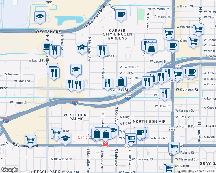 map of restaurants, bars, coffee shops, grocery stores, and more near 4217 West Cypress Street in Tampa