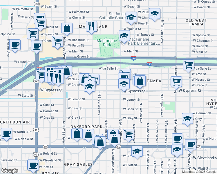 map of restaurants, bars, coffee shops, grocery stores, and more near 3202 West Grace Street in Tampa
