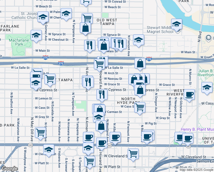 map of restaurants, bars, coffee shops, grocery stores, and more near 2128 West Grace Street in Tampa