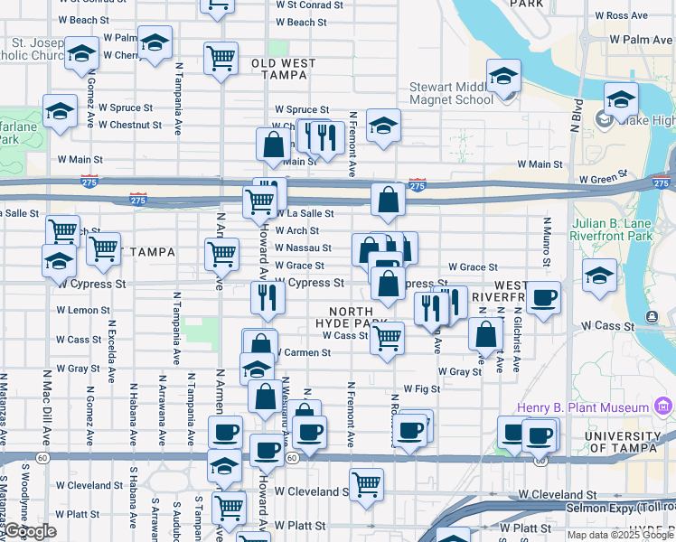 map of restaurants, bars, coffee shops, grocery stores, and more near 1006 North Fremont Avenue in Tampa