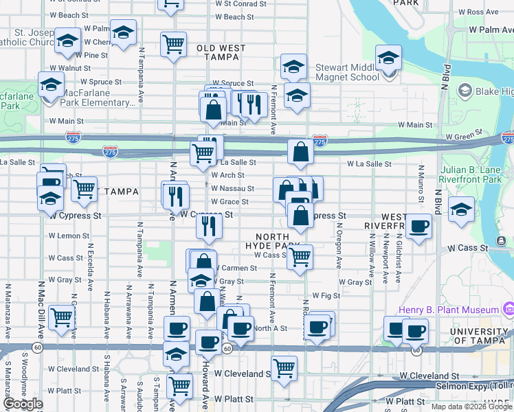 map of restaurants, bars, coffee shops, grocery stores, and more near 1912 West Grace Street in Tampa