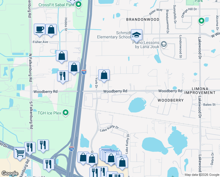map of restaurants, bars, coffee shops, grocery stores, and more near 2303 Lincoln Court in Brandon